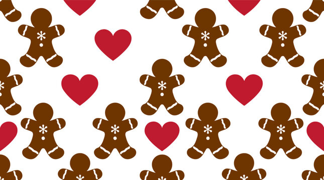 Seamless pattern with cute gingerbread men cookies and red hearts for christmas and winter holidays Vector