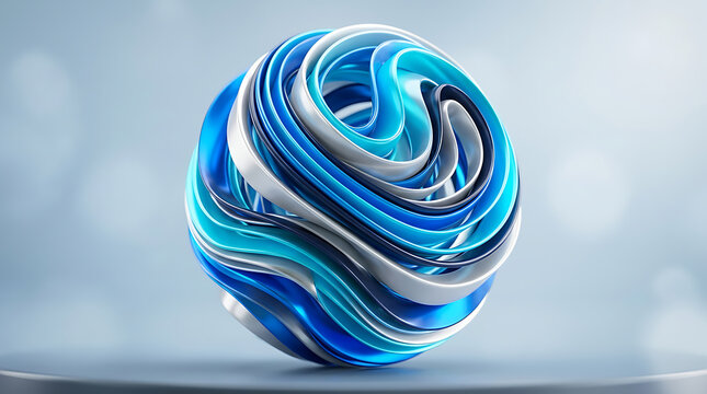 Abstract blue and white swirled sphere sculpture with ribbons forming a ball white patterns spherical sculpture abstract art modern design