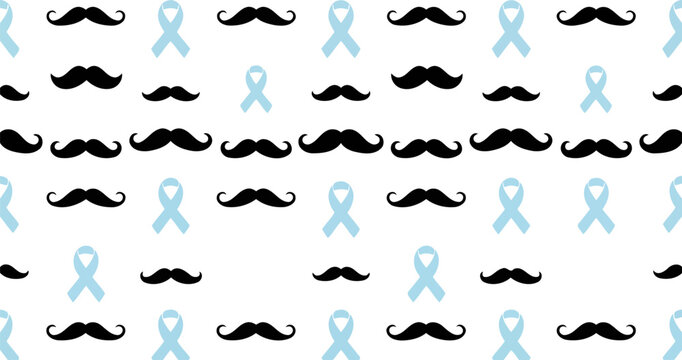 Seamless pattern with black mustaches and light blue awareness ribbons for movember Vector