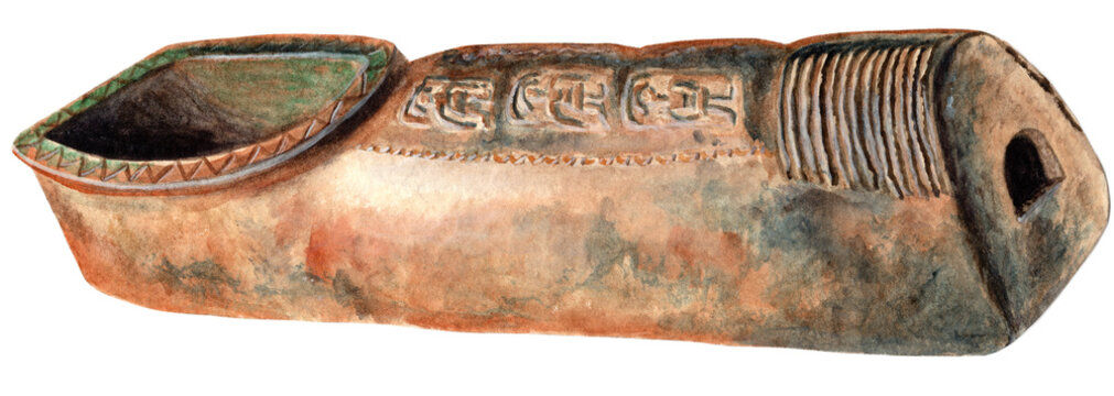 Ancient Parthian terracotta slipper coffin sarcophagus, Uruk Mesopotamia (1st millennium BC). Glazed burial container with relief panels and oval opening, afterlife grave provision context. Artwork.