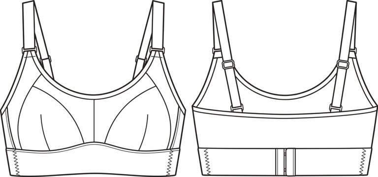 Women sports bra with adjustable straps technical fashion flat sketch front and back views