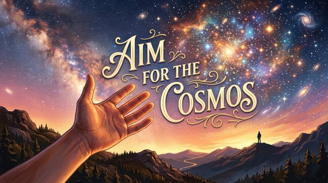 Hand Reaching Towards Cosmic Galaxy with Inspirational Quote 'Aim for the Cosmos'
