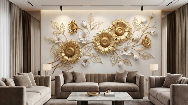 Modern luxury living room interior with a 3d golden sunflower floral wall art mural and comfortable grey sofa furniture