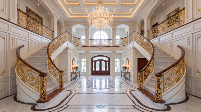Grand luxury foyer featuring dual curved marble staircases with ornate gold railings and a massive crystal chandelier hanging above