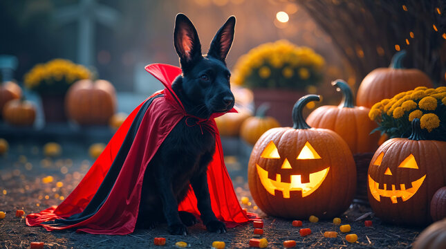 A black rabbit dog is wearing a flowing red cape. It sits beside glowing pumpkins and yellow flowers. The setting is a festive Halloween scene