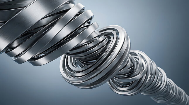 Intricate spiral of metallic silver strips twisted into a tight conical shape with metal spiral silver twist metallic cone industrial spiral
