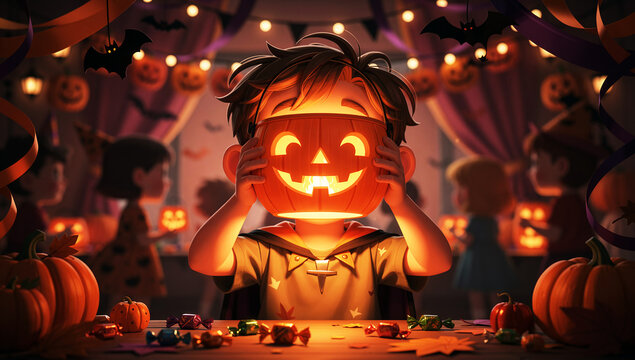 Young Boy With Brown Hair Plays With Pumpkin at Halloween Party in Decorated Room Filled With Children and Festive Items