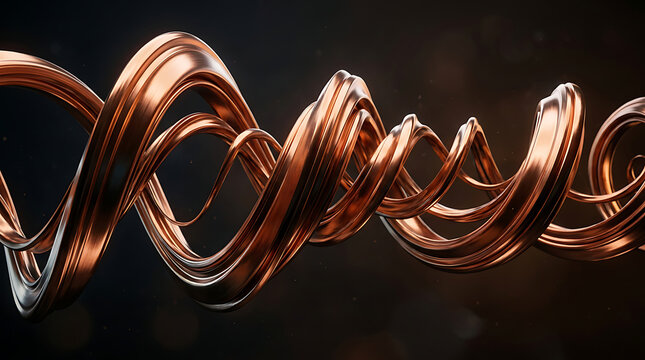 Detailed close up of intertwined copper metallic ribbons forming an abstract spiral with abstract intertwining copper texture twisted metal
