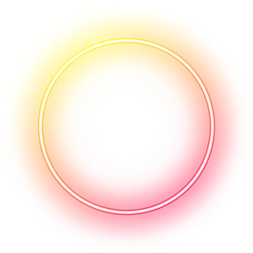 Neon round yellow red gradient glowing frame on white background. Luminous fluorescent border.