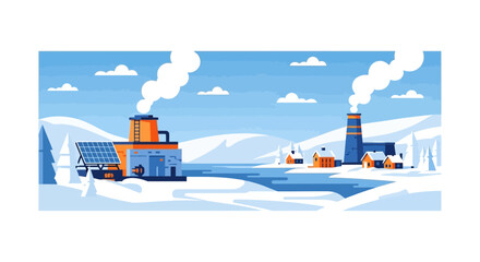 Fototapeta premium Industrial Power Plant and Solar Energy in Winter Flat Illustration