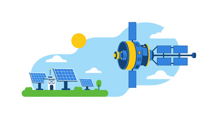 Obraz premium Flat Vector Illustration of a Satellite and Solar Power Ground Station