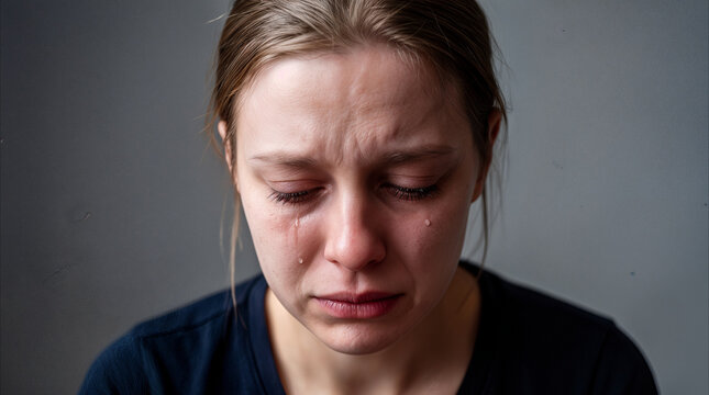 Sad young woman crying with tears running down her face. Emotional distress and grief concept.
