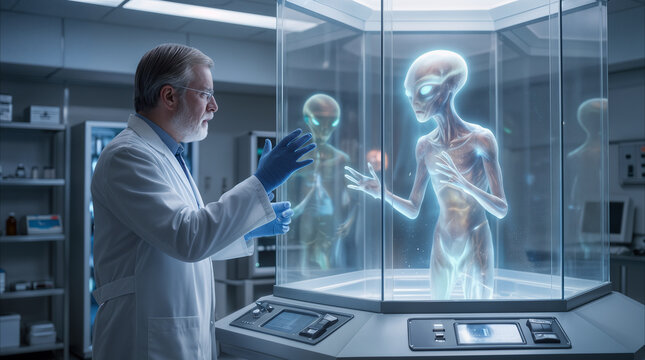 Laboratory researcher communicating with extraterrestrial life form inside containment chamber. Scientific study of alien biology in high-tech research facility.