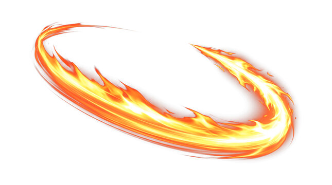 Vibrant 3D fire swoosh loop with glowing orange and yellow flame trails, isolated on transparent background, ideal for dynamic motion graphics, gaming assets, and energetic poster design.