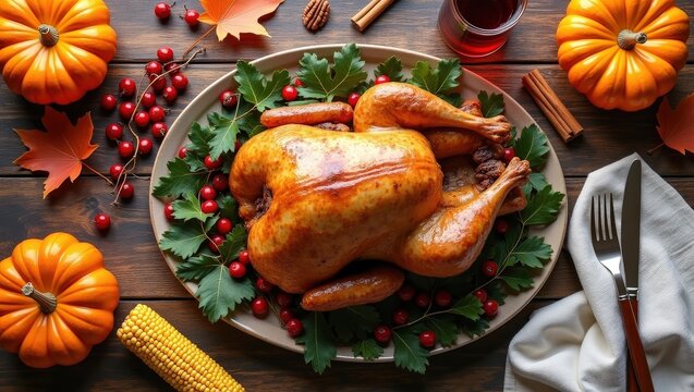 Roasted turkey with festive autumn Thanksgiving decorations