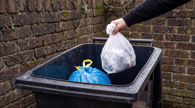 Person throwing white plastic bag into large black trash bin. Household waste management and garbage disposal in urban alleyway.