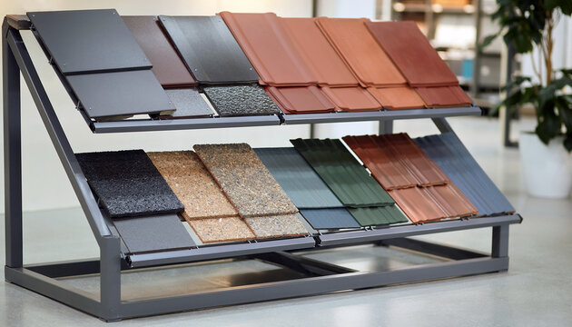 Metal roofing tile sample display rack showing multiple colors and textures including gray red terracotta green and slate blue panels