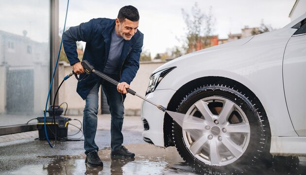 Smiling middle-aged man in navy jacket pressure washing white car front alloy wheel at outdoor self-service car wash on cloudy day