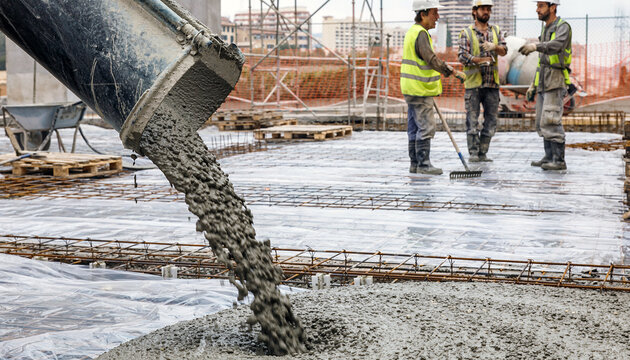 Wet concrete pouring from pump chute onto rebar grid at outdoor construction site with workers in hi-vis vests discussing work