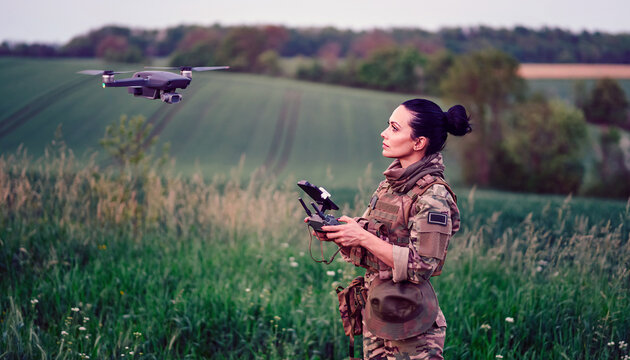 Female soldier in camouflage uniform operating drone with remote controller standing in lush green field on overcast day