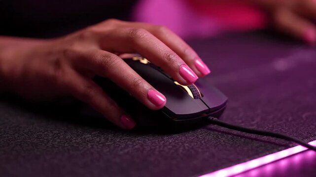Close up of a female gamer hand using a professional wired gaming mouse.