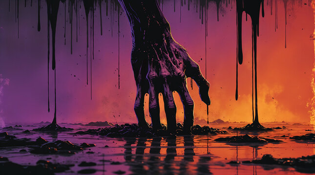 Grunge-style Poster Showcasing a Dark Hand Rising From Liquid