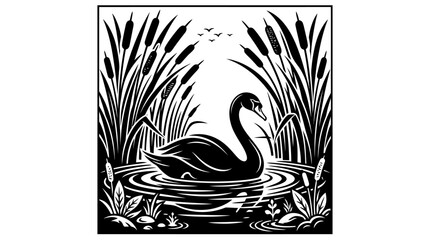 Fototapeta premium Black swan swimming peacefully in a serene lake surrounded by tall reeds and cattails in a classic woodcut linocut linocut illustration style