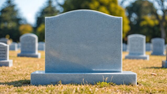 Blank light grey granite headstone centered in sunny cemetery with dry golden grass and blurred white tombstones in soft background