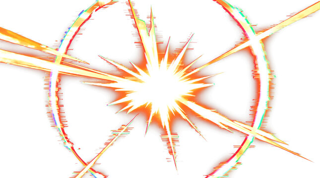 Vibrant orange digital glitch explosion burst with abstract light rays and distorted shockwave effect, isolated on transparent background for video editing