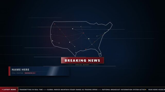 Elegant neutral broadcast news graphics package featuring a rotating USA wireframe, fast horizontal data swooshes, deep navy and burgundy tones, refined gold accents, editable lower thirds and a conti