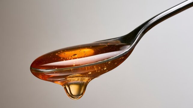 Golden honey dripping from a spoon in a close-up macro shot