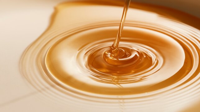 Golden honey pouring into a pool creating concentric ripples and waves