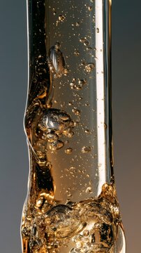 Close-up of golden liquid with many small bubbles rising and swirling