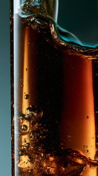Close-up of amber liquid with bubbles swirling in a glass container