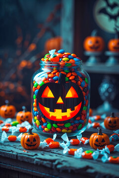 Halloween Candies in a Jar With Pumpkins and Decorations in a Spooky Setting