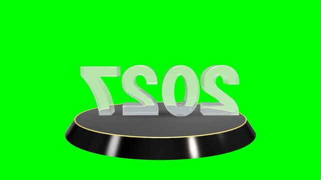 Premium 3D "2027" text made from transparent glass material with studio reflection, rotating slowly 360 degrees on a glossy black podium against a pure green screen (chroma key #00FF00). Glassmorphism