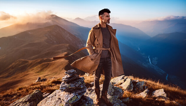 Confident man in beige trench coat standing on rocky mountain summit at golden sunset with sweeping valley and ridge views
