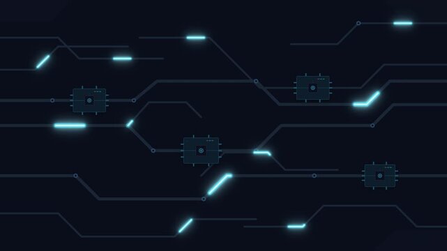Dark futuristic 6-second seamless loop of a printed circuit board with glowing cyan data pulses flowing across winding traces from left to right. Pulses travel directly into IC microcontrollers, where