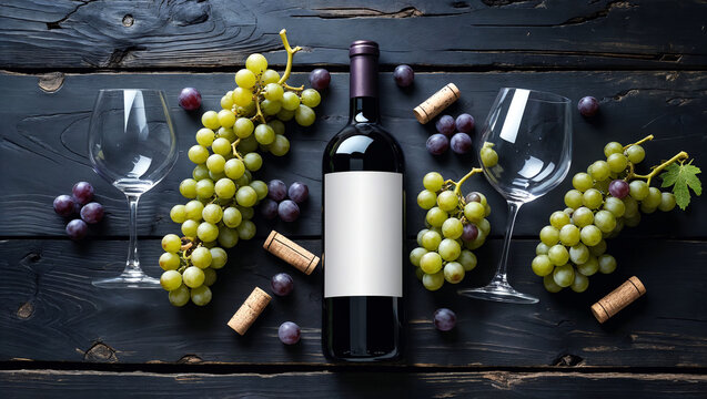 Dark wine bottle with blank white label flanked by green and purple grapes two empty crystal glasses and natural corks on black wood planks
