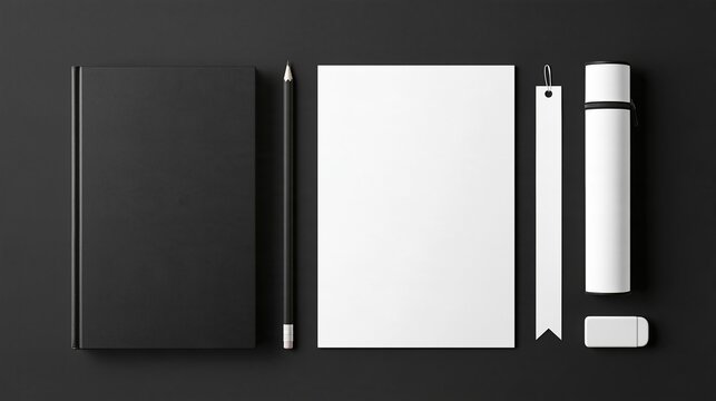 Clean stationery branding mockup set with black notebook blank paper pencil and other accessories on dark background perfect for brand identity presentation