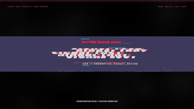 Cinematic horror glitch typography template featuring a corrupted digital signal reconstructing into a bold title reveal. Layered with horizontal slice displacement, RGB channel chromatic aberration, 