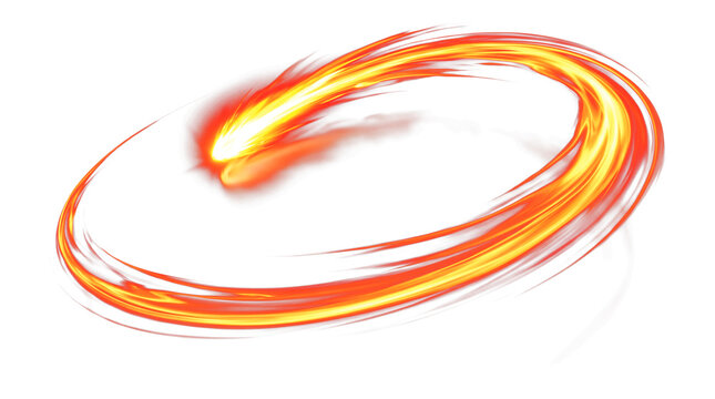 Vibrant orange fire swirl loop with glowing yellow core, abstract 3D render of burning energy ring, isolated on transparent background for web design