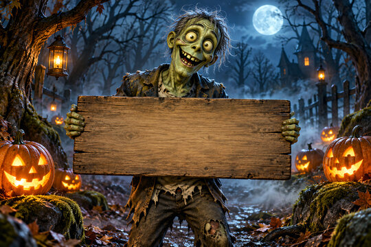 Cartoon zombie holding blank rustic wooden sign in misty Halloween forest with glowing jack-o-lanterns and bright full moon