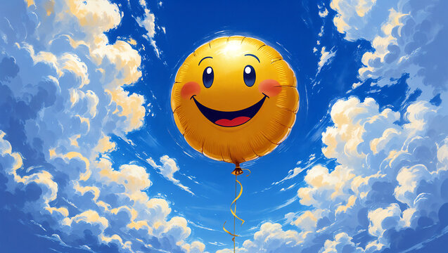 Golden smiley face foil balloon with rosy cheeks floating in vivid blue sky among fluffy white cumulus clouds on bright day