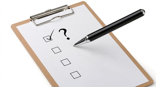 Brown clipboard with empty check boxes one checked with black check mark and a question mark with black pen represents decision making and uncertainty in survey selection