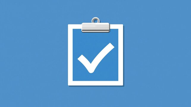 Flat design icon of clipboard with big white check mark on solid blue background represents done task approval and successful complete of checklist