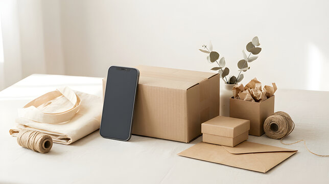 Smartphone leaning against cardboard shipping box with eco-friendly packaging supplies on a table