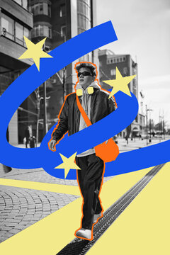 Stylish young man walks along city street with confident attitude surrounded by hand-drawn ribbons and stars. Urban fashion, mixed media design, youth culture concept.