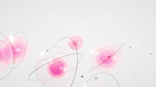 Pink glass spheres with orbital metallic rings float and rotate across a bright white abstract environment in a clean 3D animation