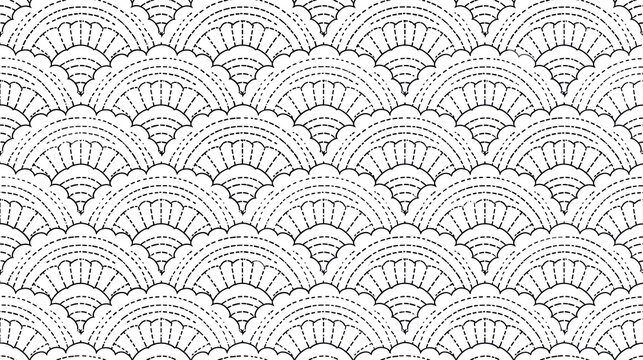 Seamless repeating traditional japanese scallop wave pattern with black dashed lines on clean white background for asian inspired decorative textile design